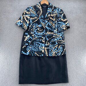 Kasper Suit Set Womens 12 Black Blue Short Sleeve Blazer Knee Pencil Skirt NWT